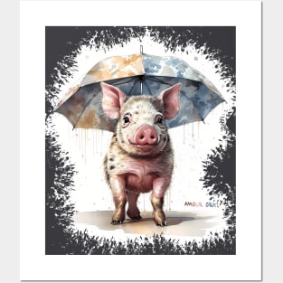 Watercolor piglet proudly standing under umbrella (´・(oo)・｀) Posters and Art